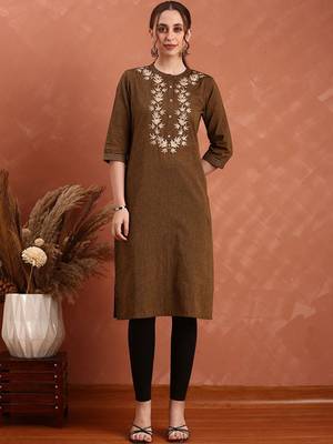 Ethnic motifs embroidered yoke design cotton straight kurta 1
