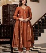 Ethnic motifs embroidered panelled thread work pure cotton kurta with trousers & with dupatta