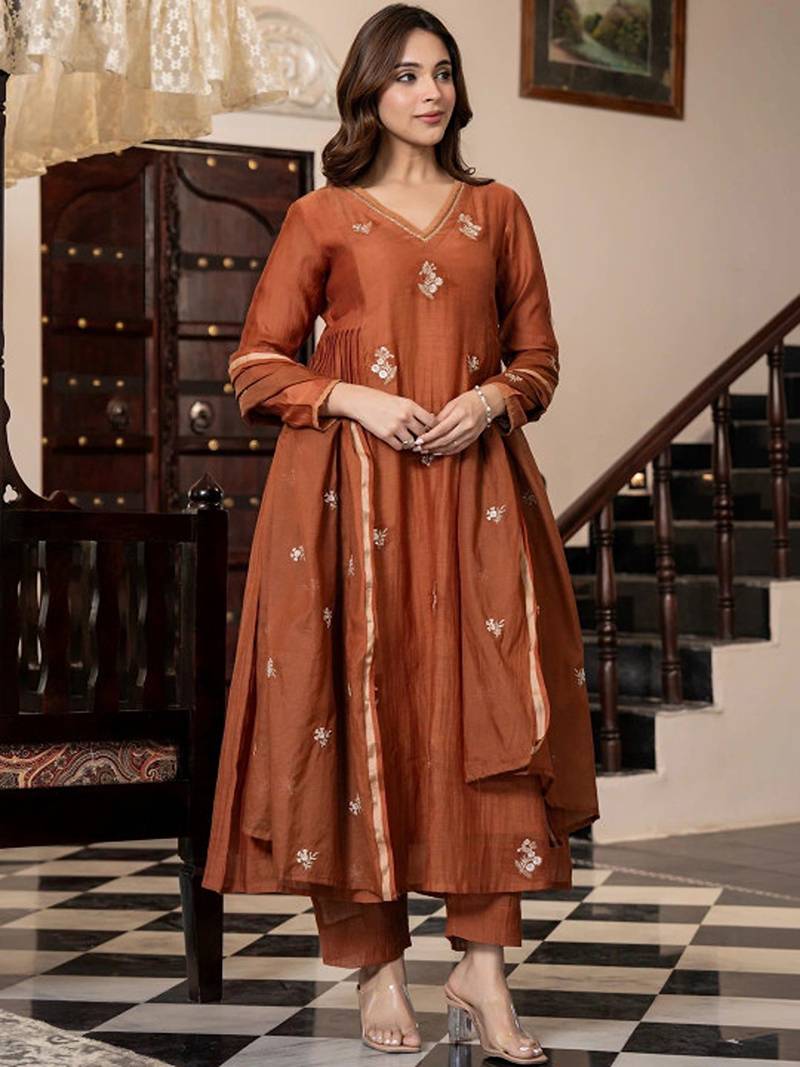 Ethnic motifs embroidered panelled thread work pure cotton kurta with trousers & with dupatta