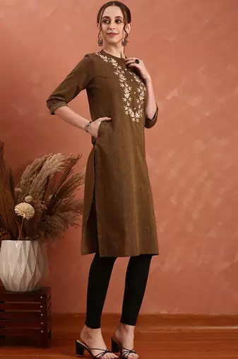 Ethnic motifs embroidered yoke design cotton straight kurta