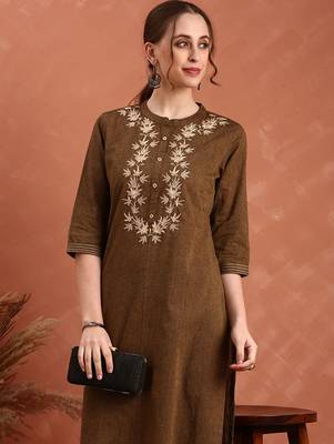 Ethnic motifs embroidered yoke design cotton straight kurta 4