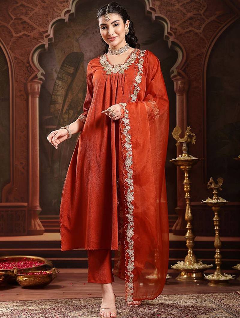 Solid embroidered anarkali kurta with trousers & dupatta