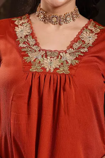 Solid embroidered anarkali kurta with trousers & dupatta