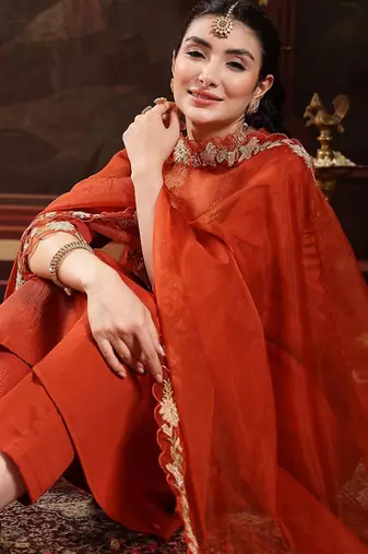 Solid embroidered anarkali kurta with trousers & dupatta