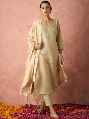 Ethnic motifs yoke design straight thread work kurta with trousers & dupatta 1