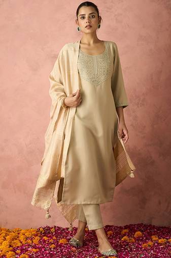 Ethnic motifs yoke design straight thread work kurta with trousers & dupatta