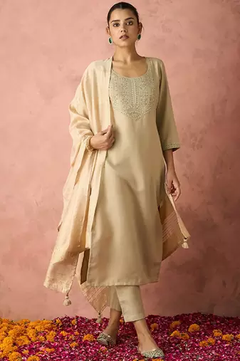 Ethnic motifs yoke design straight thread work kurta with trousers & dupatta