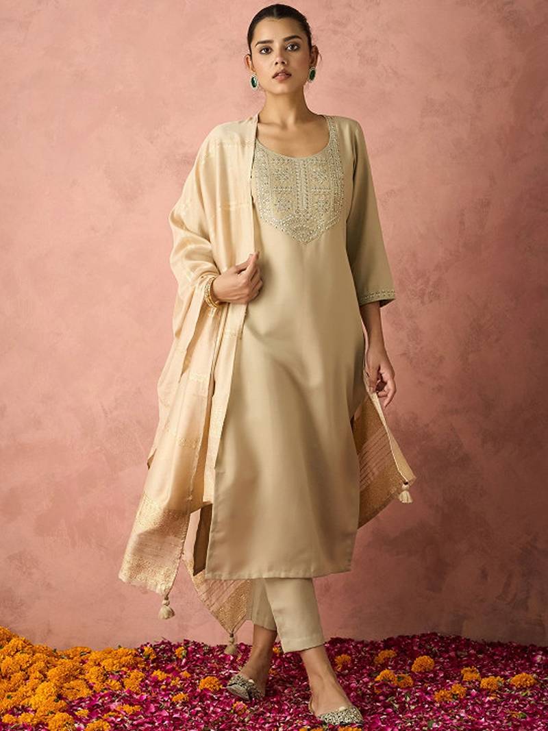 Ethnic motifs yoke design straight thread work kurta with trousers & dupatta
