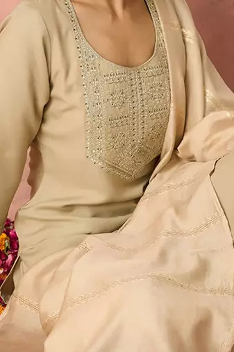 Ethnic motifs yoke design straight thread work kurta with trousers & dupatta