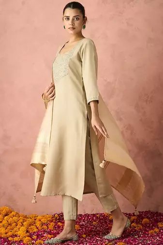 Ethnic motifs yoke design straight thread work kurta with trousers & dupatta