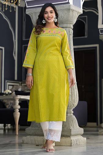 Floral thread embroidered yoke design straight kurta