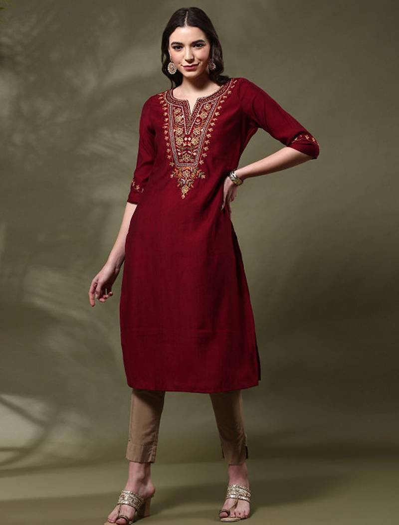 Floral embroidered flared sleeves thread work kurta
