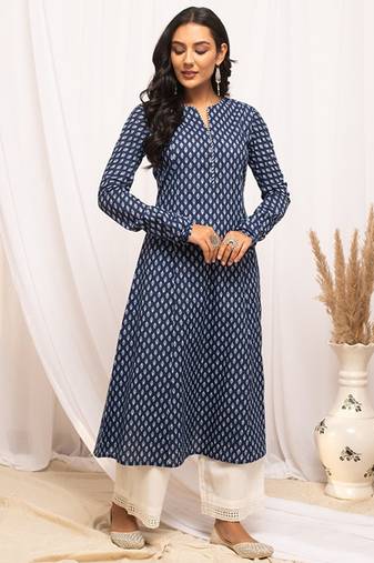 Ethnic motifs printed notched neck pure cotton a-line kurta