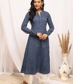Ethnic motifs printed notched neck pure cotton a-line kurta