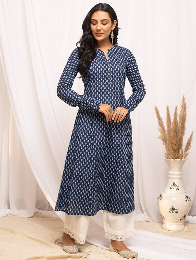 Ethnic motifs printed notched neck pure cotton a-line kurta