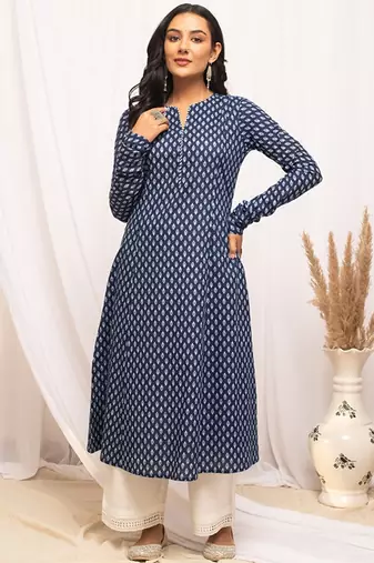 Ethnic motifs printed notched neck pure cotton a-line kurta
