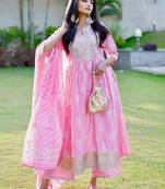 Womens pink yoke design cotton anarkali kurta with palazzos & dupatta