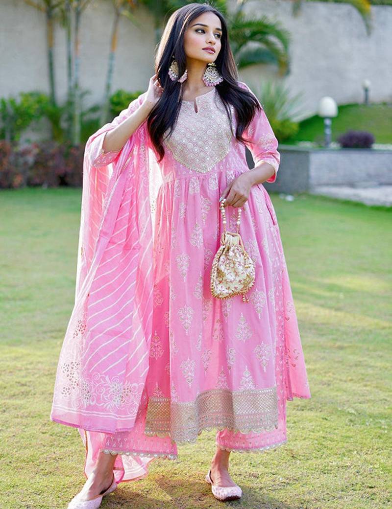 Womens pink yoke design cotton anarkali kurta with palazzos & dupatta