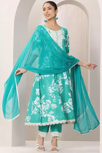 Womens blue printed anarkali kurta with trousers & dupatta