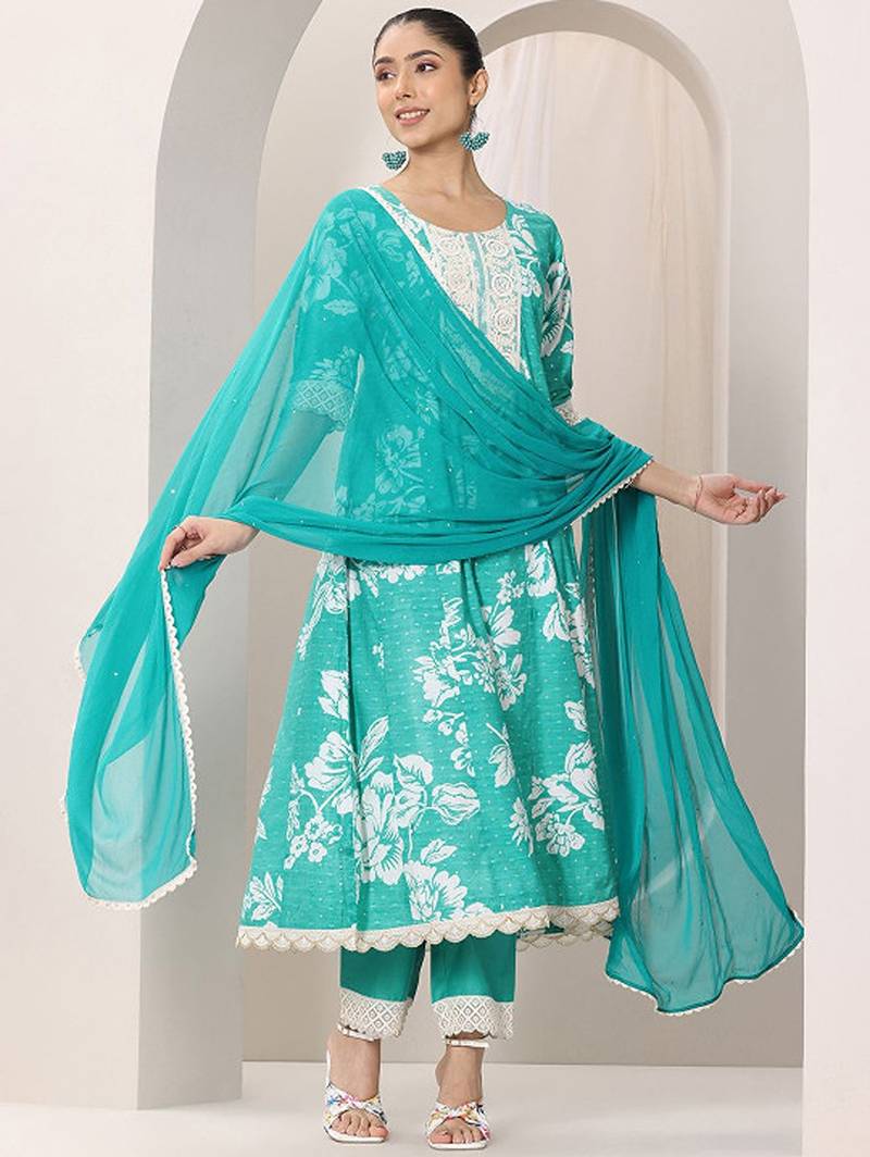 Womens blue printed anarkali kurta with trousers & dupatta