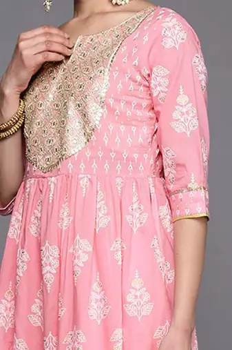 Womens pink yoke design cotton anarkali kurta with palazzos & dupatta