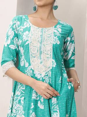 Womens blue printed anarkali kurta with trousers & dupatta 2