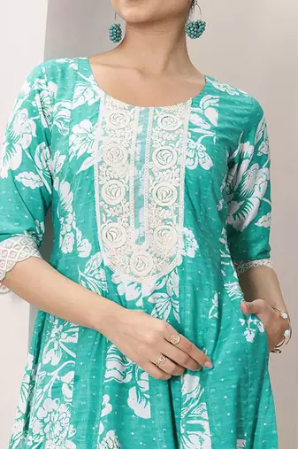 Womens blue printed anarkali kurta with trousers & dupatta