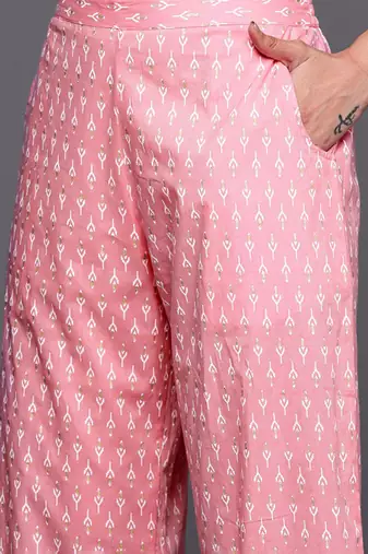 Womens pink yoke design cotton anarkali kurta with palazzos & dupatta