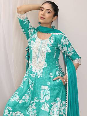Womens blue printed anarkali kurta with trousers & dupatta 3