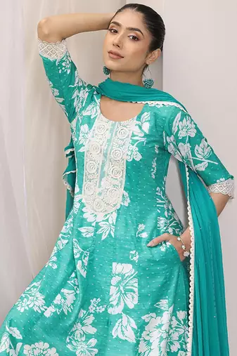 Womens blue printed anarkali kurta with trousers & dupatta