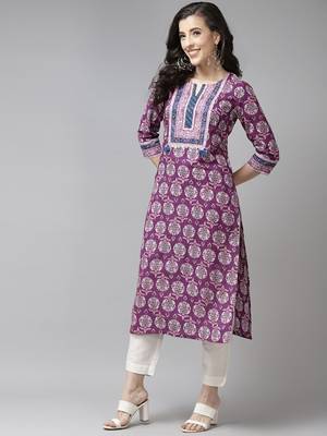 Purple & white pure cotton ethnic motifs printed kurta 1