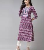 Purple & white pure cotton ethnic motifs printed kurta