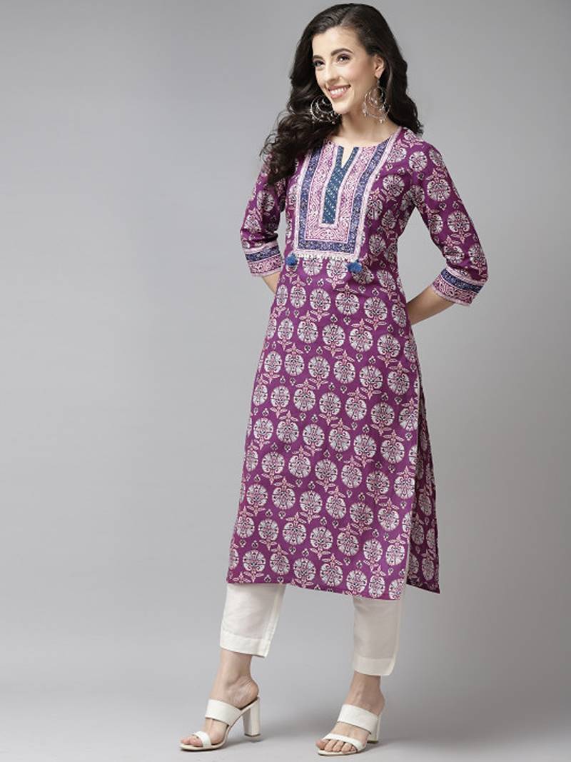Purple & white pure cotton ethnic motifs printed kurta