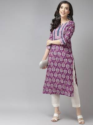 Purple & white pure cotton ethnic motifs printed kurta 2