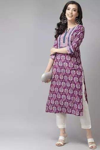 Purple & white pure cotton ethnic motifs printed kurta