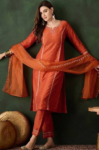 Floral embroidered sequinned straight kurta & trouser with dupatta