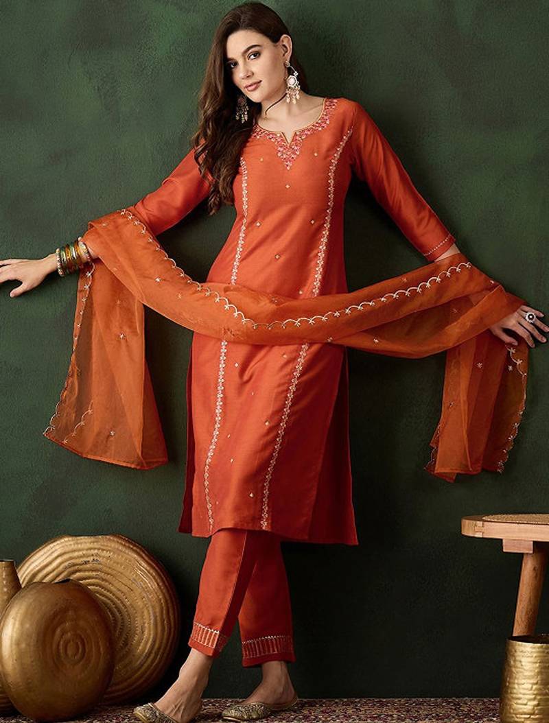 Floral embroidered sequinned straight kurta & trouser with dupatta