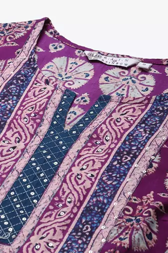 Purple & white pure cotton ethnic motifs printed kurta