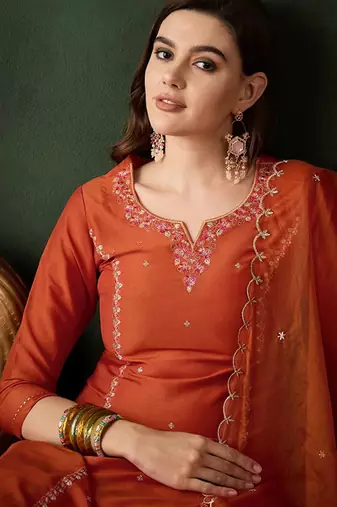 Floral embroidered sequinned straight kurta & trouser with dupatta