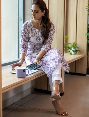 Floral printed thread work cotton straight kurta 1