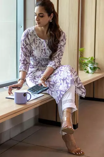 Floral printed thread work cotton straight kurta