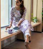 Floral printed thread work cotton straight kurta