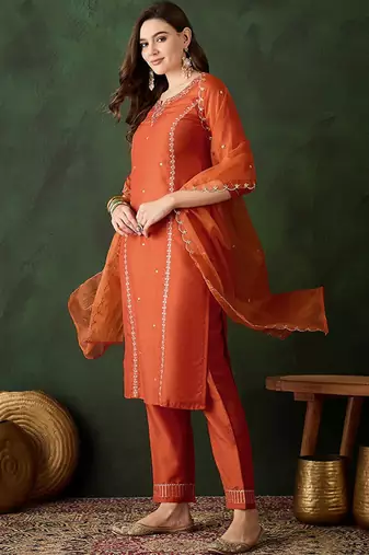 Floral embroidered sequinned straight kurta & trouser with dupatta