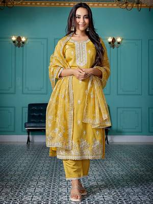 Ethnic motifs embroidered thread work straight kurta with trousers & dupatta 1