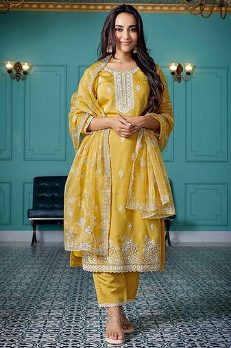 Ethnic motifs embroidered thread work straight kurta with trousers & dupatta