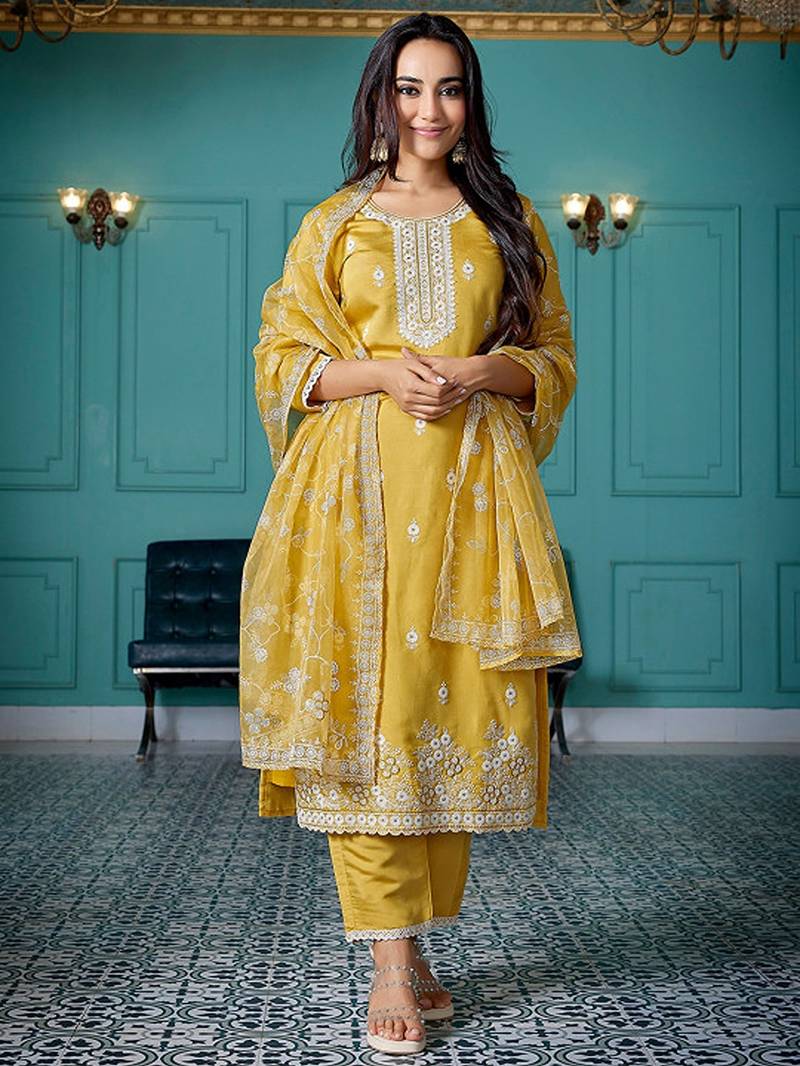 Ethnic motifs embroidered thread work straight kurta with trousers & dupatta