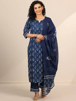 Floral printed regular kurta with trousers & dupatta 1