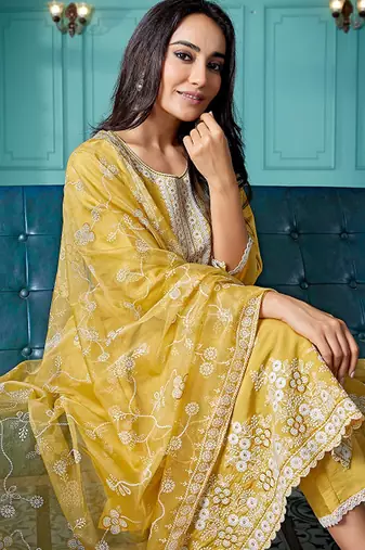 Ethnic motifs embroidered thread work straight kurta with trousers & dupatta