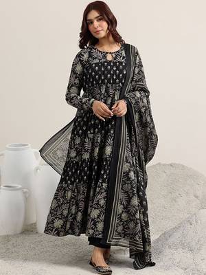 Womens black printed cotton anarkali kurta with trousers & dupatta 1