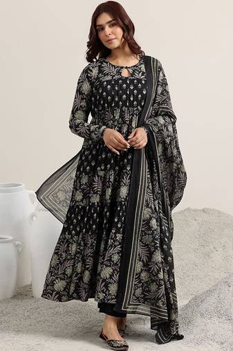 Womens black printed cotton anarkali kurta with trousers & dupatta